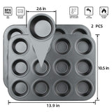 Muffin Pan, 12 Cupcake Pan, 2 Sets of Nonstick Brownie Bakeware Muffin Tin, Cupcake Tray, Baking Pan for Kitchen Oven, Black 13.9 x 10.5 x 1.2 inches Cemueo