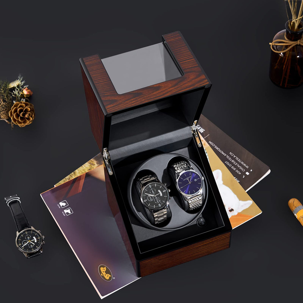 ANWBROAD Watch Winder for Automatic Watches Double Watch Rotator with Super Quiet Motor Flexible Watch Pillows LED Backlight Wooden Watch Turner Watch Shaker 5 Modes Battery or AC Adapter UJWW001Y ANWBROAD