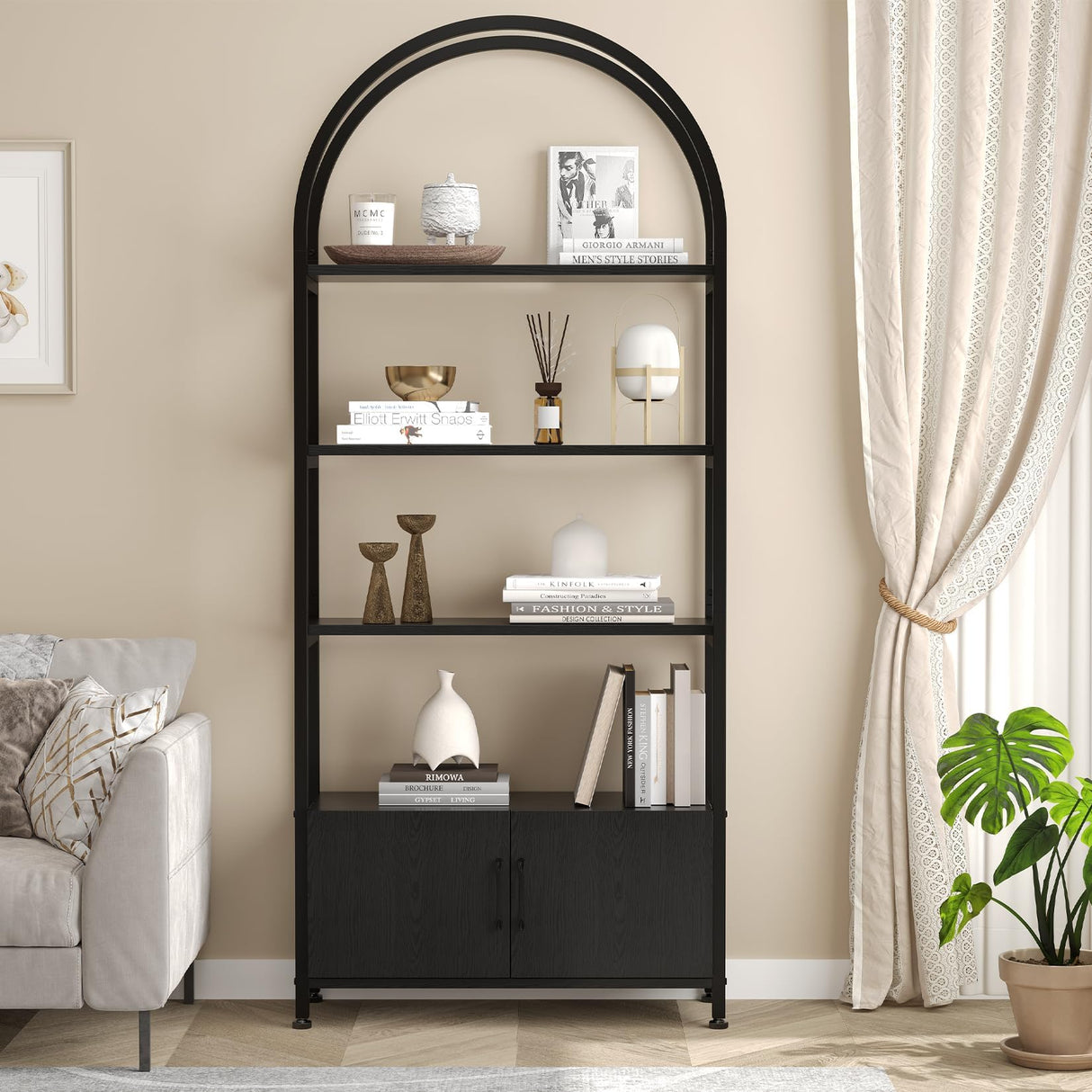 GarveeHome 4 Tier Bookshelf, Arched Bookcase with Doors Storage, 71.5 in Tall Industrial Book Shelf with Sturdy Metal Frame and Quality Boards, Freestanding Display Shelving Bookshelf for Study,Black GarveeHome