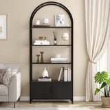 GarveeHome 4 Tier Bookshelf, Arched Bookcase with Doors Storage, 71.5 in Tall Industrial Book Shelf with Sturdy Metal Frame and Quality Boards, Freestanding Display Shelving Bookshelf for Study,Black GarveeHome
