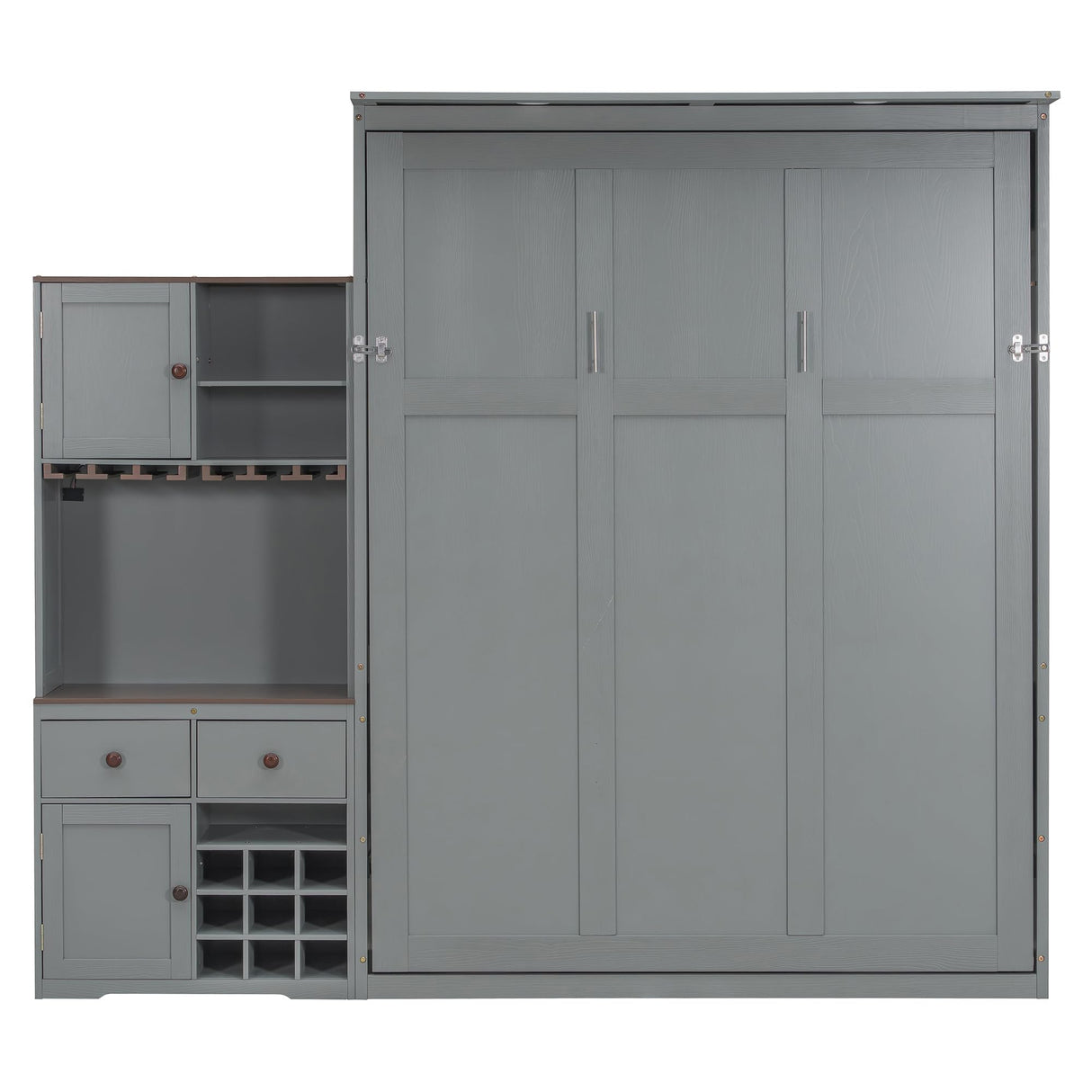 Merax Murphy Bed with Storage Cabinet, Wine Rack, Glass Holder, Drawers and Multi-Color LED Strip, Queen Size, Gray Merax