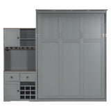 Merax Murphy Bed with Storage Cabinet, Wine Rack, Glass Holder, Drawers and Multi-Color LED Strip, Queen Size, Gray Merax