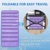 TEMUORG Travel Jewelry Organizer Dual Sided Hanging Earring Holder Bracelet Storage Rolls Rings Display Case with 68 Zippered Pockets (PURPLE) TEMUORG