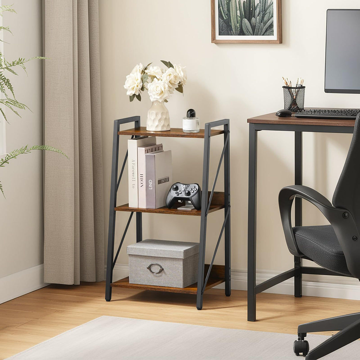 HOOBRO Ladder Shelf, 3-Tier Bookshelf, Corner Bookcase, Freestanding Storage Shelf Display Organizer, for Living Room, Bedroom, Home Office, Kitchen, Rustic Brown and Black BF303CJ01 HOOBRO