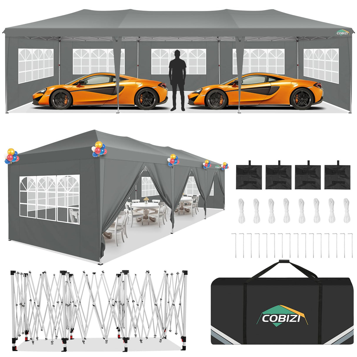 COBIZI 10x30 Pop up Canopy Tent for Parties with 8 Removable Sidewalls, Waterproof UPF 50+ Commercial Event Tent, Protable Outdoor Canopy with 4 Sandbags for Wedding, Backyard(10x30FT, Gray) COBIZI