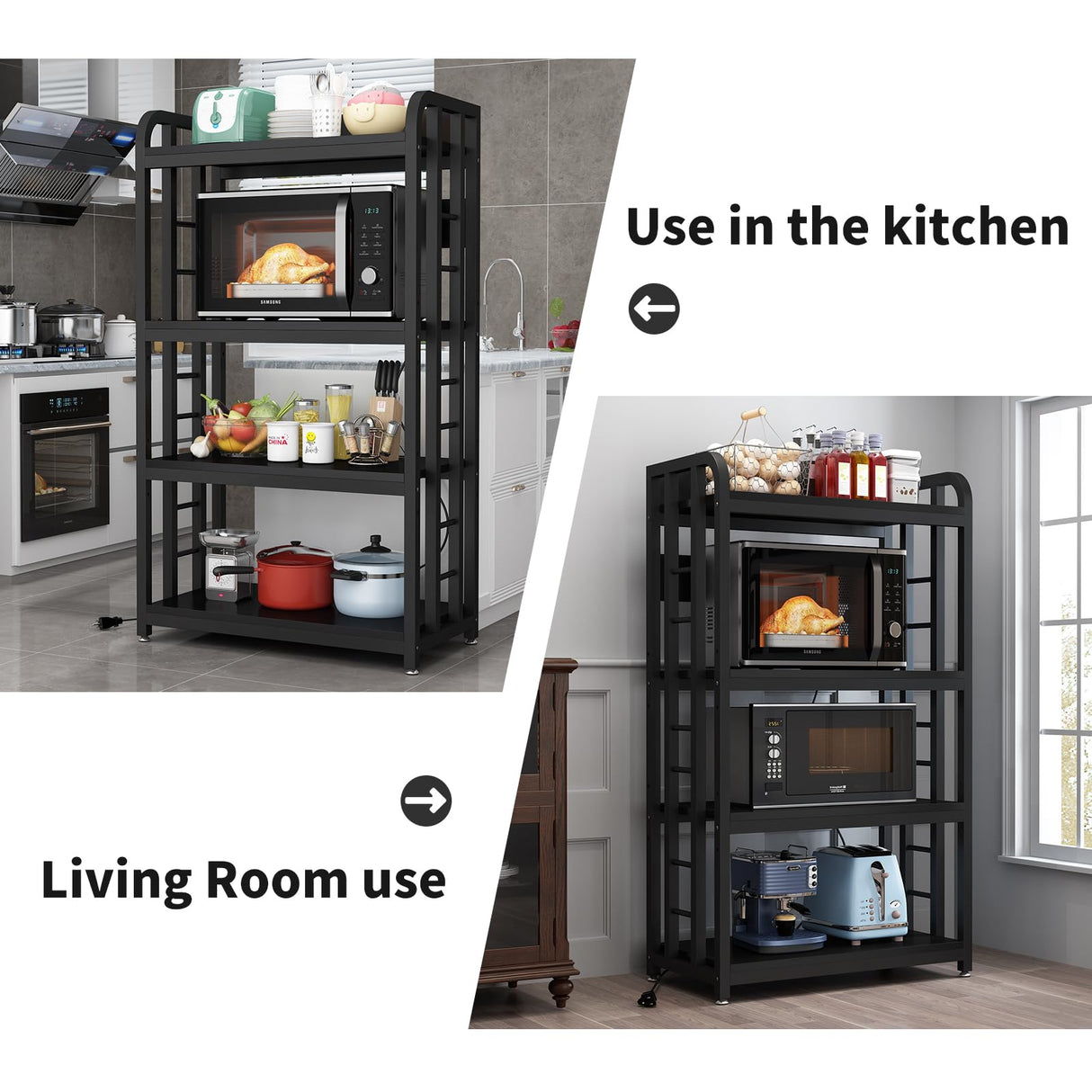 Bakers Rack with Power Outlet ，microwave stand 4-Tier Kitchen Baker's Rack, Free Standing Baker's Rack Kitchen Stands with Storage Suitable for Kitchen, Living Room, Dinning Room，Coffee Bar (Black) SIREDEEP