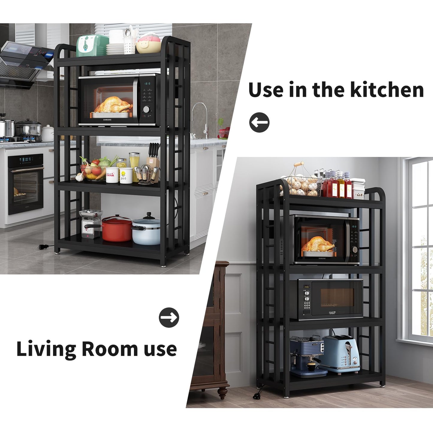 Bakers Rack with Power Outlet ，microwave stand 4-Tier Kitchen Baker's Rack, Free Standing Baker's Rack Kitchen Stands with Storage Suitable for Kitchen, Living Room, Dinning Room，Coffee Bar (Black)