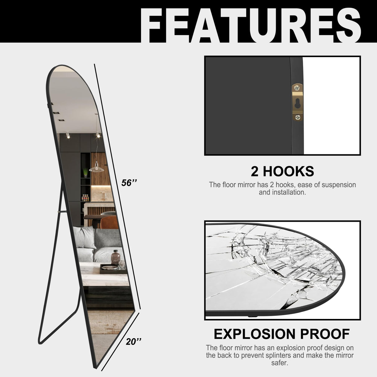 Delma Arched Mirror Full Length,Standing Mirror,Large Floor Mirror with Stand for Wall Entryway Door Bedroom Bathroom Living Room Delma