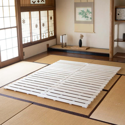 EMOOR Wood Roll-Type Slatted Bed Queen (63x78.7in) for Japanese Floor Futon Mattress, Franco-ROLL, Unpainted Paulownia, Floor Sleep Bedding Guest Minimalist Tatami Mat Natural