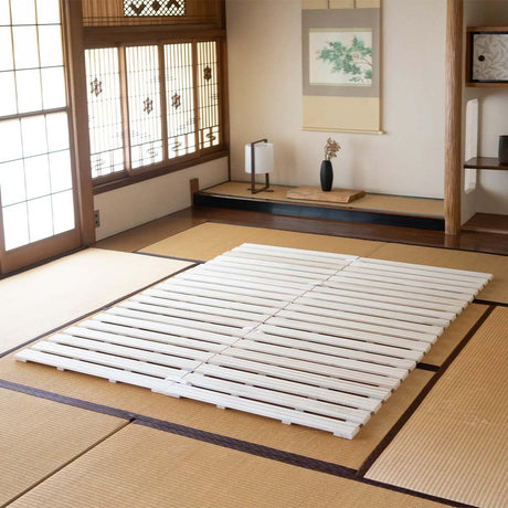EMOOR Wood Roll-Type Slatted Bed Queen (63x78.7in) for Japanese Floor Futon Mattress, Franco-ROLL, Unpainted Paulownia, Floor Sleep Bedding Guest Minimalist Tatami Mat Natural EMOOR