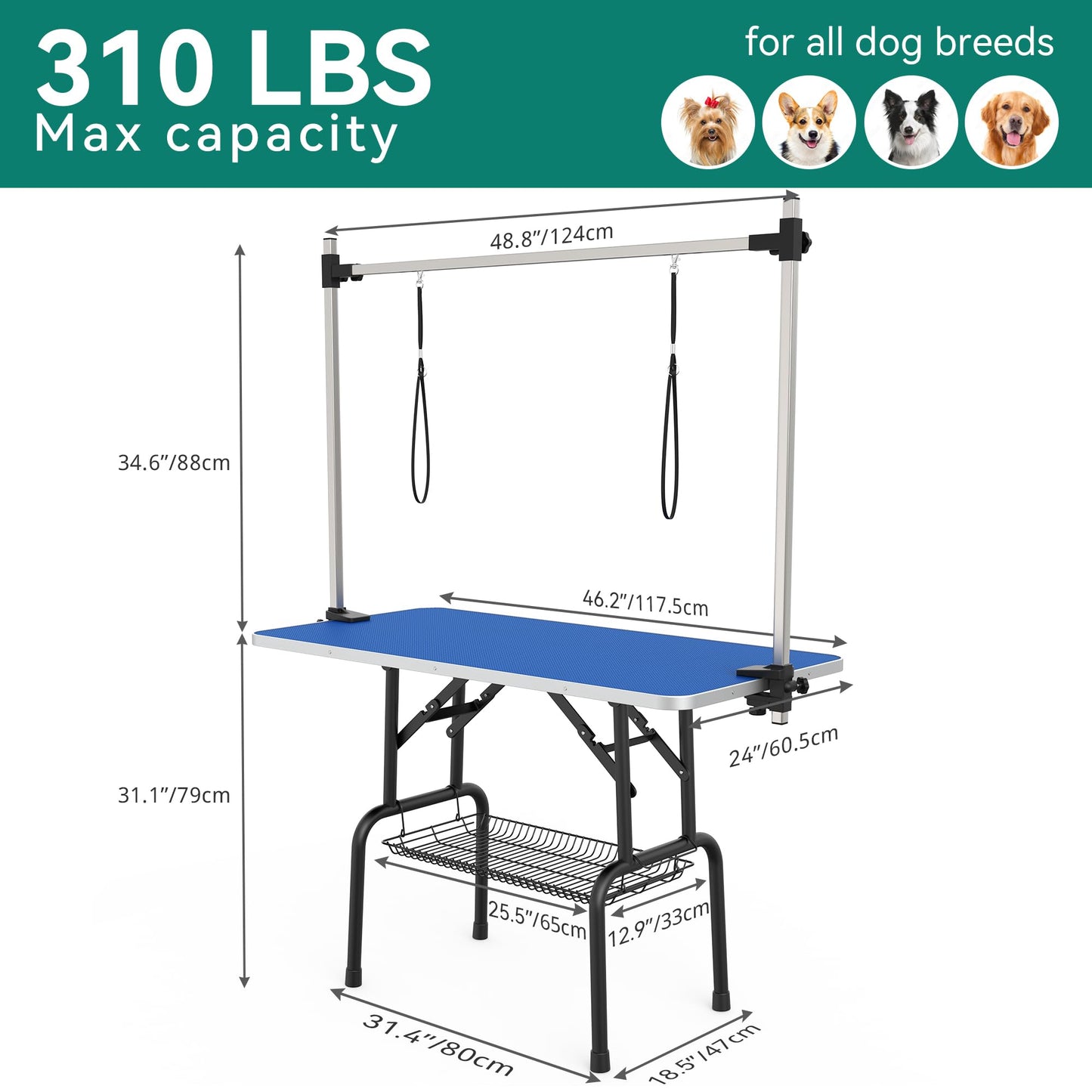 YITAHOME 46" Dog Grooming Table, Foldable Home Pet Bathing Station Table with Adjustable Arm, Non-Slip Desktop, Storage Tray& Noose, Blue - WoodArtSupply