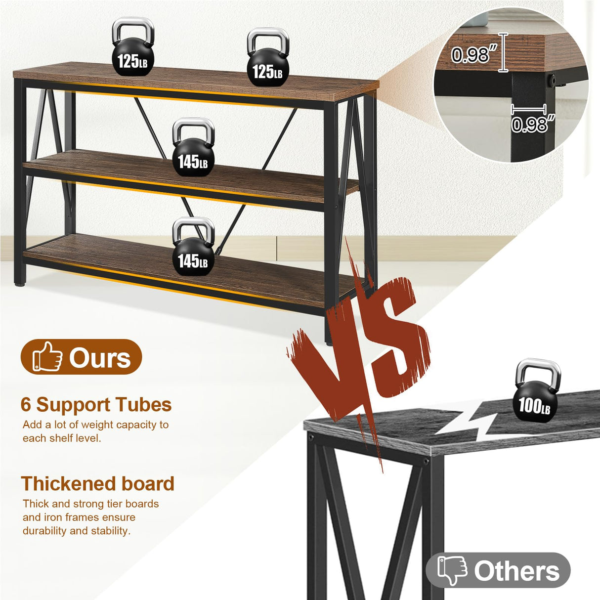 HOMISSUE Entryway Console Table, Rustic Console Tables with Wide Storage, Industrial Foyer Tables for Entryway with 3-Tier Open Shelves, Entryway Table for Living Room, Hallway, Brown, 47 Inch HOMISSUE