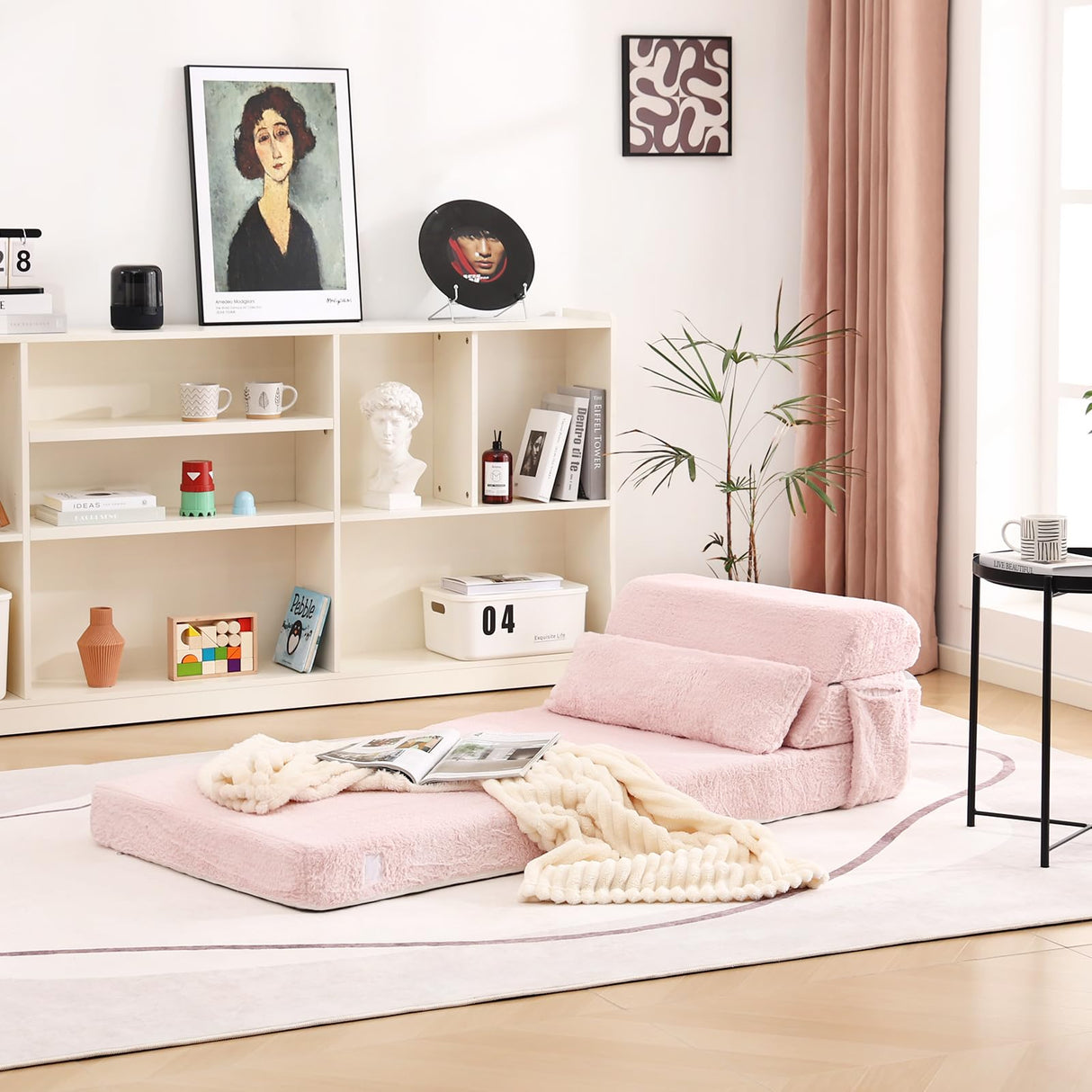 Tiita Folding Sofa Bed with Pillow Single Size Mattress&Plush Fabric with Portable Storage Bag,Floor Lounger Chair Bed for Living Room,Guest Room,Dorm,Apartment,Upstairs Loft,Home Office,Pink Tiita