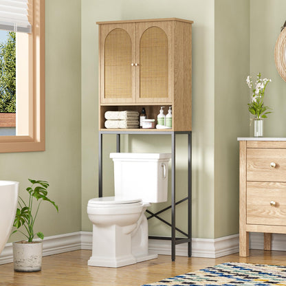 Vabches Over The Toilet Storage Cabinet with Metal Frame & Rattan Doors, Bathroom Organizer Over Toilet, Space-Saving Tall Toilet Rack/Shelf, Rattan Toilet Cabinet for Restroom, Laundry, Natural