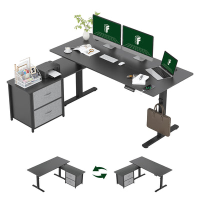 FLEXISPOT 63'' L Shaped Standing Desk with Drawers, Adjustable Height Desk with Shelves, Large Corner Stand Up Desk with Headphone Hooks for Home Office, Black Top+ Black Frame