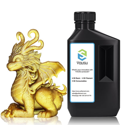 YOUSU 3D Printer Metallic Resin,Fast Curing 3D Metal Printing Bronze Resin 1KG, Magical Metallic Effect Photopolymer Brass Color Resin for LCD DLP 3D Printing (1000g,Metal Gold)