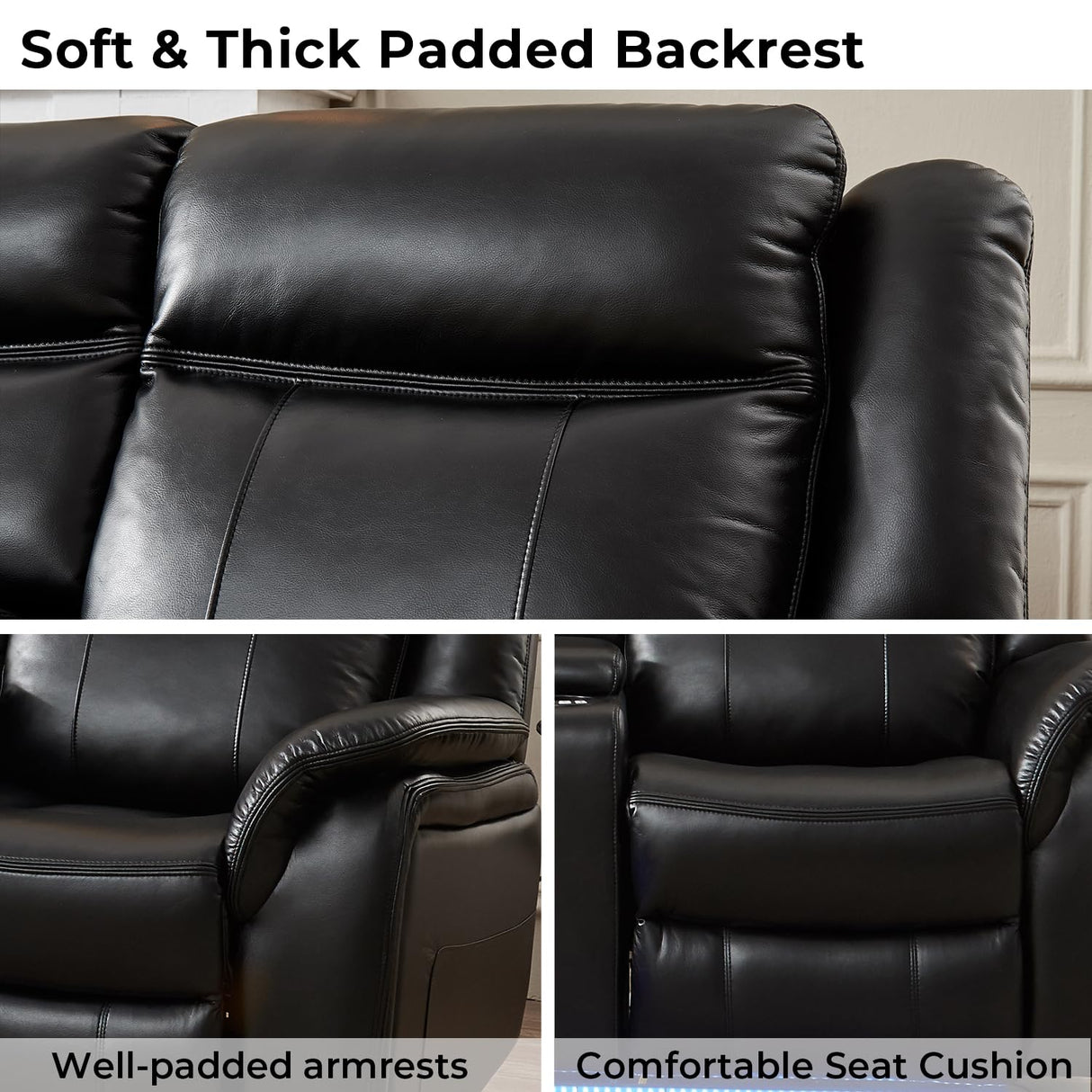 Power Recliner Sectional Sofa Couches with LED Lights for Living Room, Faux Leather Wall Hugger Reclining Corner Couch Sets with 2 Home Theater Seat, USB Charger, Cup Holder, Storage Console, Black Comfort Stretch