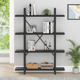 HSH 4 Tier Black Bookshelf, Industrial Metal Wood Storage Book Shelves, Modern Open 4 Shelf Bookcase and Display Etagere, Vertical Book Shelf for Bedroom Living Room Office HSH