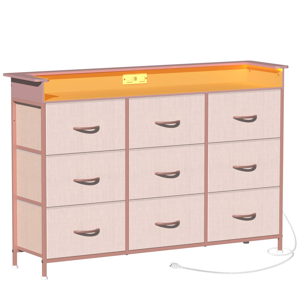 EXOTICA Pink Dresser with LED Light for Girls Bedroom 9 Drawer Dressers with Charging Station Chests of Drawers for Living Room Entryway Closet Hallway Sturdy Steel Frame Wooden Top Easy Pull Handle EXOTICA