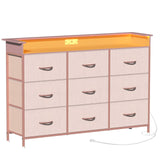 EXOTICA Pink Dresser with LED Light for Girls Bedroom 9 Drawer Dressers with Charging Station Chests of Drawers for Living Room Entryway Closet Hallway Sturdy Steel Frame Wooden Top Easy Pull Handle EXOTICA
