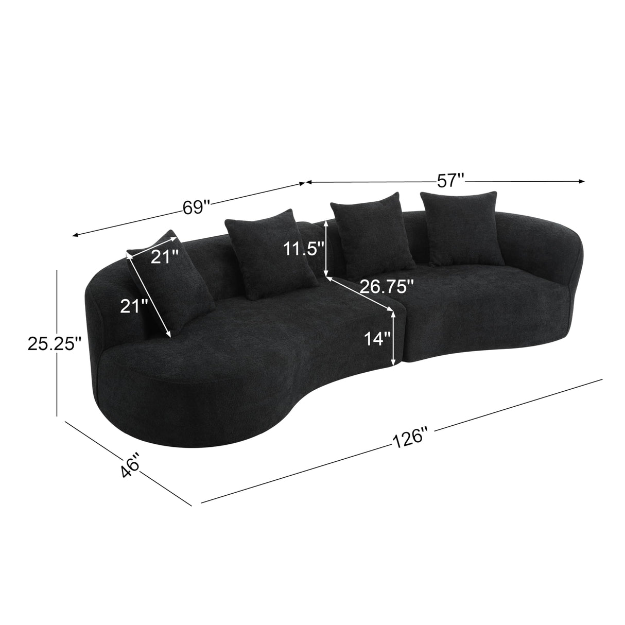 Christopher Knight Home Braebt 126" Sectional Sofa with 4 Throw Pillows, 5-Seater Large Modular Sofa Couches, Comfy Curved Upholstered Cloud Couch for Living Room, Study, No Assembly Required, Black Christopher Knight Home