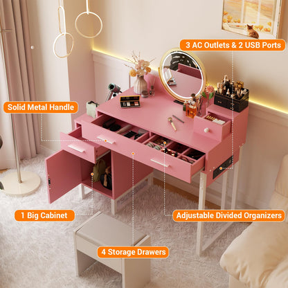 Vanity Desk with 4 Storage Drawers - Modern Makeup Vanity Table with Charging Station, Pink Vanity Desk with Reversible Cabinet Dressing Table Set with Divided Organizers for Women Girls, Pink & White