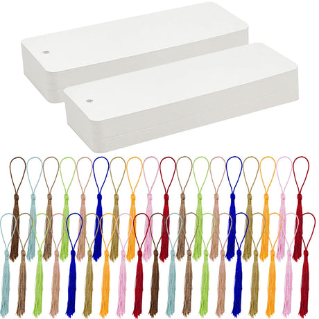 DSYIL 100 Set Blank Bookmarks with Colorful Tassels, White Cardstock Bookmarks Bulk, Craft Paper Bookmarks for DIY Projects and Gifts Tags, 5.5 x 2 Inch DSYIL
