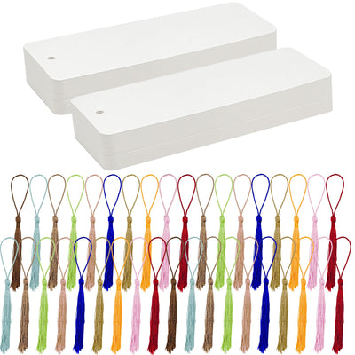 DSYIL 100 Set Blank Bookmarks with Colorful Tassels, White Cardstock Bookmarks Bulk, Craft Paper Bookmarks for DIY Projects and Gifts Tags, 5.5 x 2 Inch