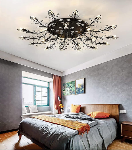 Modern Crystal Ceiling Light Fixture,Semi Flush Mount Chandeliers,Crystal Leaf Ceiling Light, Chandeliers for Dining Room,Living Room,Bedroom (Black, 15-Lights) Ridiss