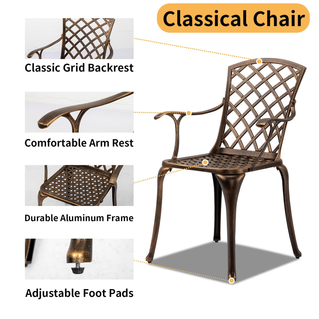 VINGLI 5 Pieces Outdoor Patio Dining Set, Cast Aluminium Patio Furniture Set with 4 Chairs and 1 Umbrella Table for Yard, Garden, Porch and Poolside, Bronze (Square Table) VINGLI