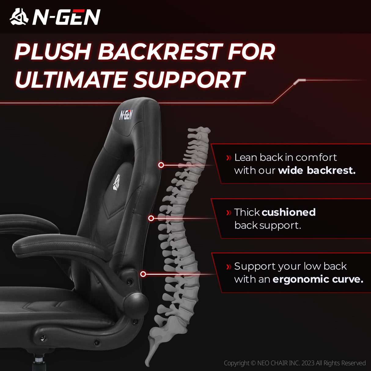 N-GEN Video Gaming Computer Chair Ergonomic Office Chair Desk Chair with Lumbar Support Flip Up Arms Adjustable Height Swivel PU Leather Executive with Wheels for Adults Women Men (Black) NEO CHAIR