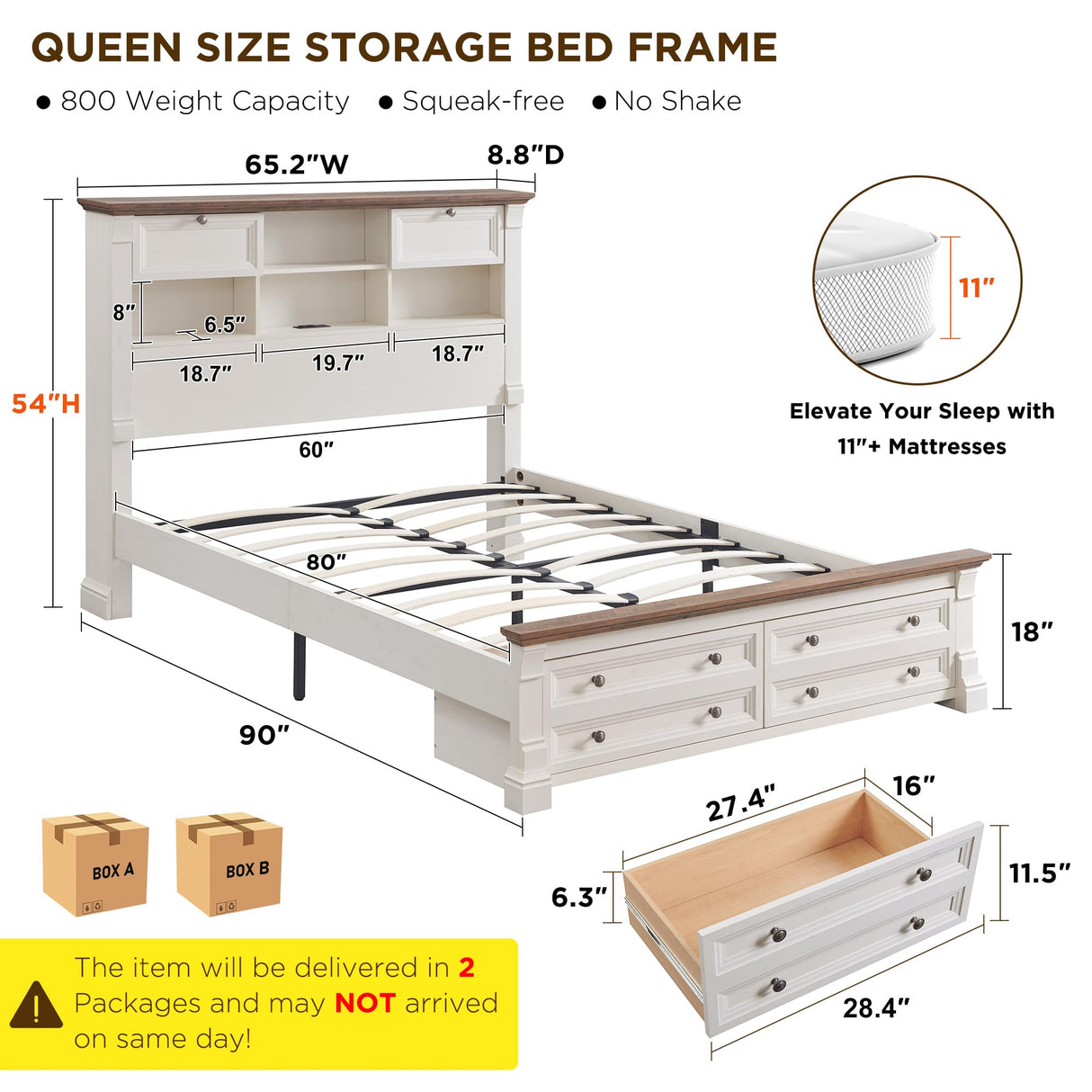 Farmhouse Queen Size Bed Frame with 54" Tall Storage Bookcase Headboard, Wood Platform Bed Frame with 2 Drawers & 18" Tall Roman Column Decoration Footboard, No Box Spring Needed(Antique White) T4TREAM