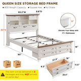 Farmhouse Queen Size Bed Frame with 54" Tall Storage Bookcase Headboard, Wood Platform Bed Frame with 2 Drawers & 18" Tall Roman Column Decoration Footboard, No Box Spring Needed(Antique White) T4TREAM