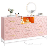 GarveeHome Pink Dresser for Bedroom with 8 Deep Drawer, 59" TV Dresser Wooden Large Long Dresser with Power Outlet and LED Lights, Modern Chest of Drawers Storage Organizer for Living Room, Hallway GarveeHome