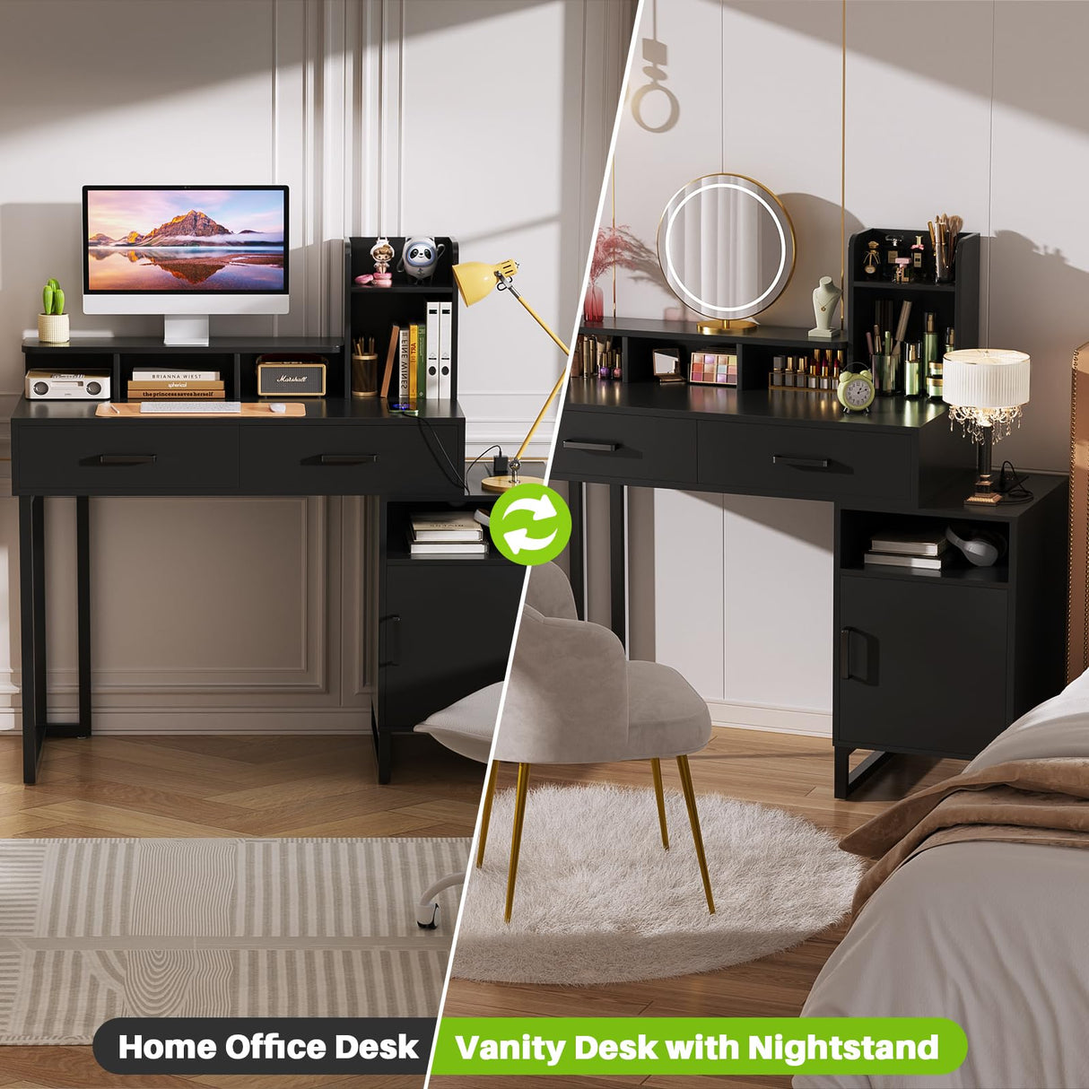 Besiost Vanity Desk, Small Vanity Desk with Power Outlet, Makeup Desk with Drawers and Cabinets, Vanity Set with Storage Shelves for Bedroom, No Mirror, White Besiost