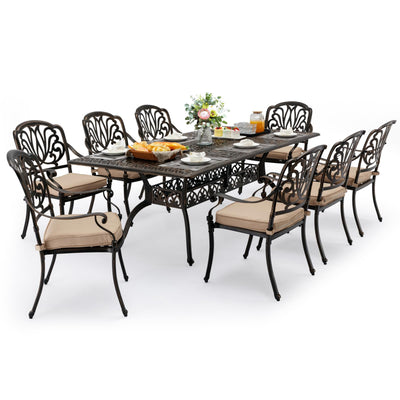 Attliahome 9-Piece Cast Aluminum Outdoor Table and Chairs, Classic Vintage Patio Dining Set for 8 Include 87" Rectangular Patio Dining Table and 8 Chairs with Removable Cushion and Umbrella Hole
