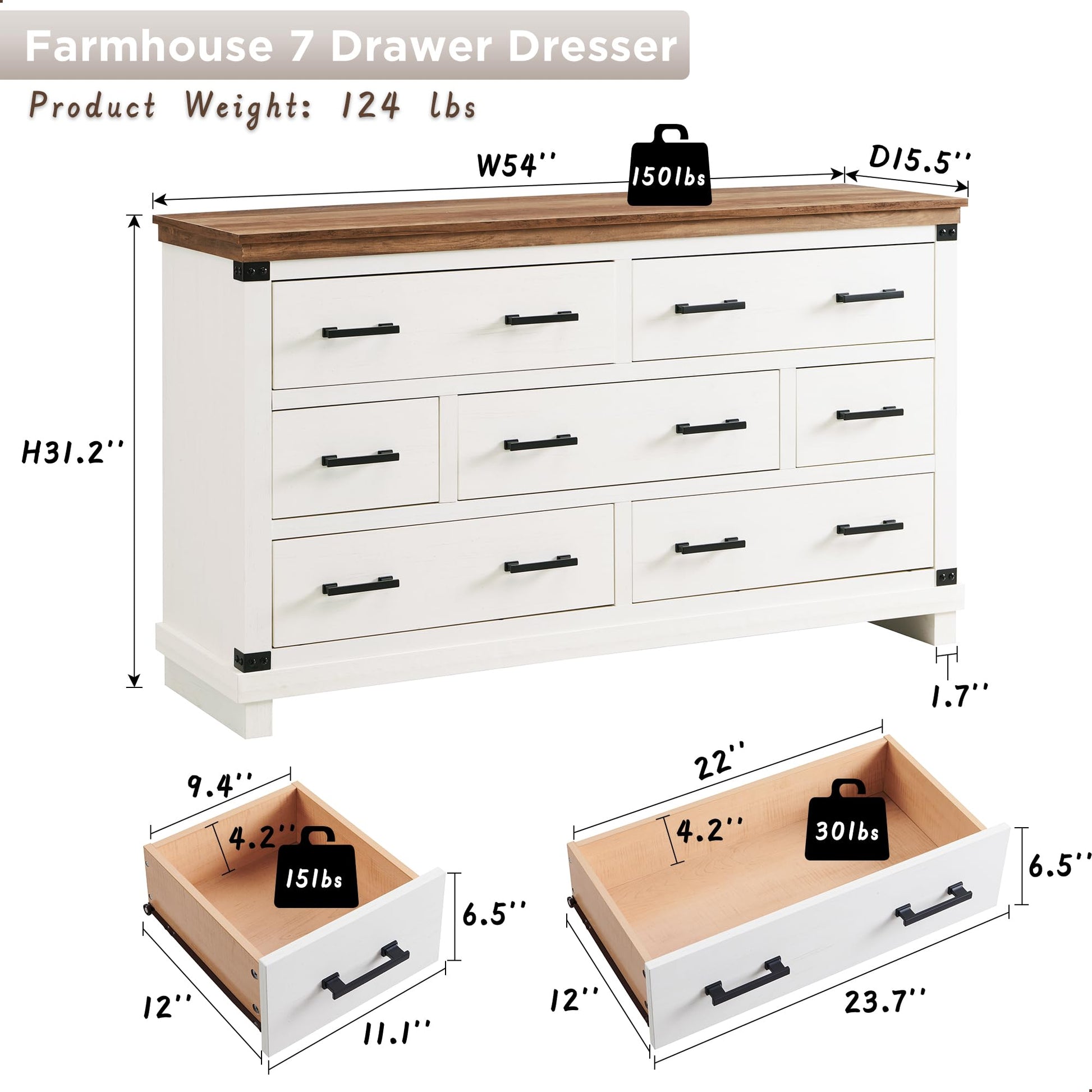 Farmhouse 7 Drawer Dresser for Bedroom - Wood Large Dressers & Chests of Drawers for Closet, 54 Inch Wide Dresser TV Stand with Storage for Bedroom, Living Room, Antique White - WoodArtSupply