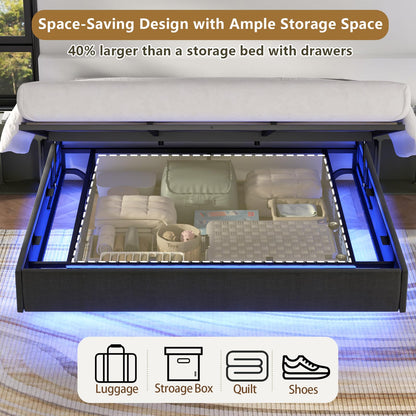 Auromie King Floating Lift Up Bed Frame with LED Lights and Hydraulic Storage - WoodArtSupply