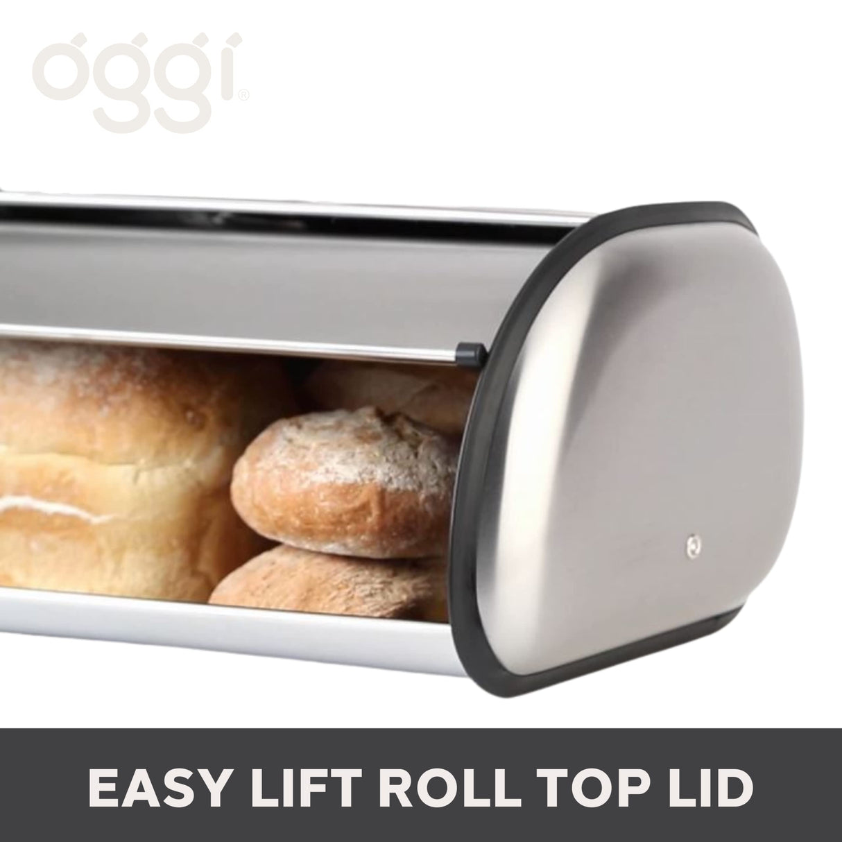 Oggi Stainless Steel Roll Top Bread Box for Kitchen Countertop with Stainless Steel Lid - Fits Multiple Large Loaves of Bread and Other Freshly Baked Goods Including Cookies, Bagels, Muffins Oggi