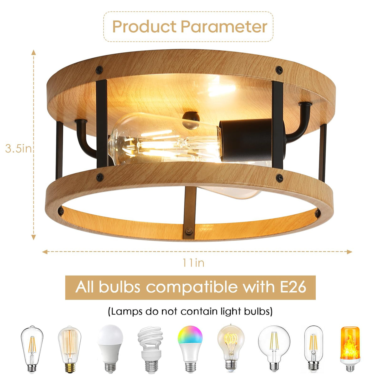 DOXVIEZE 2-Light Retro Close to Ceiling Light, Wood Finish Flush Mount Ceiling Light with Black Metal, Easy Assembled, Industrial Round Farmhouse Ceiling Lamp for Hallway Entryway Bedroom DOXVIEZE