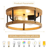 DOXVIEZE 2-Light Retro Close to Ceiling Light, Wood Finish Flush Mount Ceiling Light with Black Metal, Easy Assembled, Industrial Round Farmhouse Ceiling Lamp for Hallway Entryway Bedroom DOXVIEZE