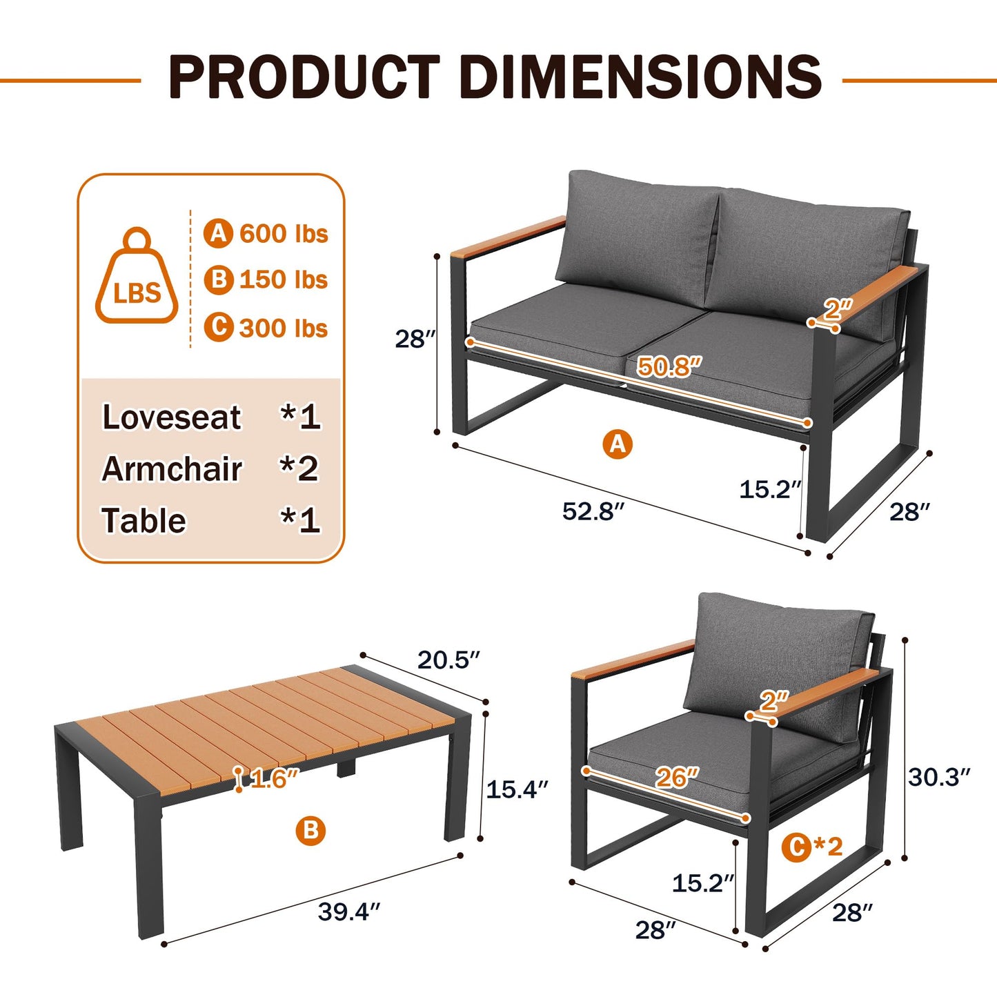 Amopatio 4 Pieces Patio Furniture Set, Metal Patio Conversation Set, Outdoor Furniture Set with Thicken Cushion and Plastic-Wood Coffee Table (Dark Grey) - WoodArtSupply