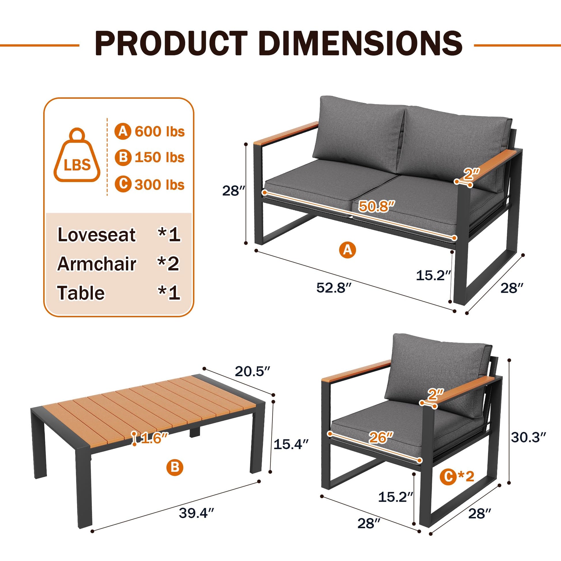 Amopatio 4 Pieces Patio Furniture Set, Metal Patio Conversation Set, Outdoor Furniture Set with Thicken Cushion and Plastic-Wood Coffee Table (Dark Grey) - WoodArtSupply