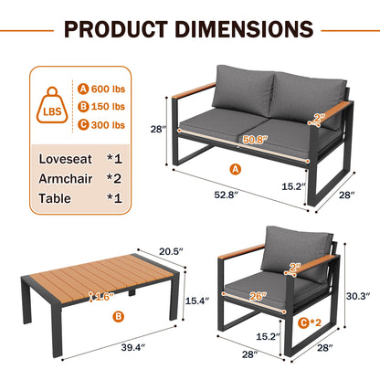 Amopatio 4 Pieces Patio Furniture Set, Metal Patio Conversation Set, Outdoor Furniture Set with Thicken Cushion and Plastic-Wood Coffee Table (Dark Grey) - WoodArtSupply