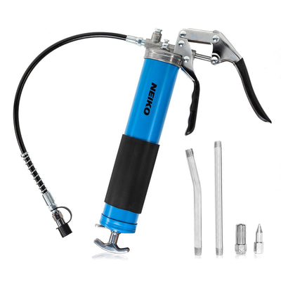 Neiko 12011A Grease Gun, Heavy Duty Pistol Grip Greaser, 6000 PSI, Grease Gun Hose 18 inch, Grease Gun with Zerk Fitting, 6” Straight Extension & 5.5” Bend Ext, Grease Not Included.