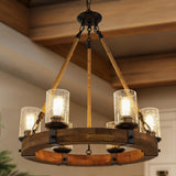 GEPOW Farmhouse Wood Chandelier, Round Wagon Wheel Light Fixture with Seeded Glass Shades & Hemp Rope for Dining Room, Living Room, Bedroom, Kitchen Island, and Foyer GEPOW