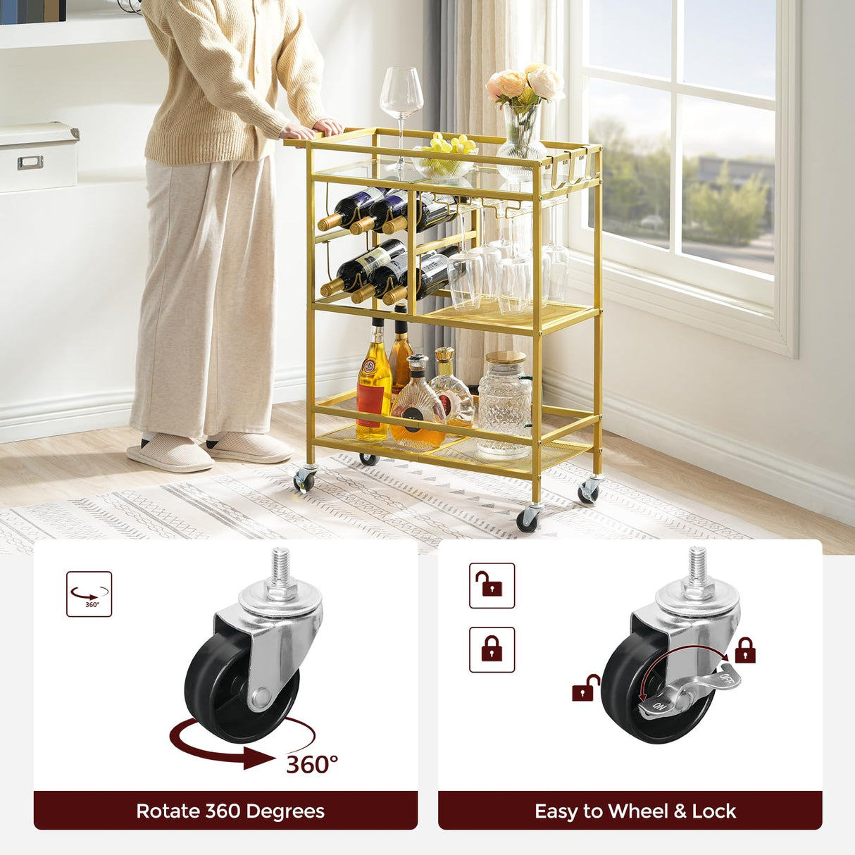 MAHANCRIS Bar Cart for Home, 3-Tier Serving Cart with Wheels and Handle, Beverage Cart with Wine Rack and Glass Holders, Rolling Wine Cart for Kitchen, Dining Room, Gold RCJ61B01 MAHANCRIS