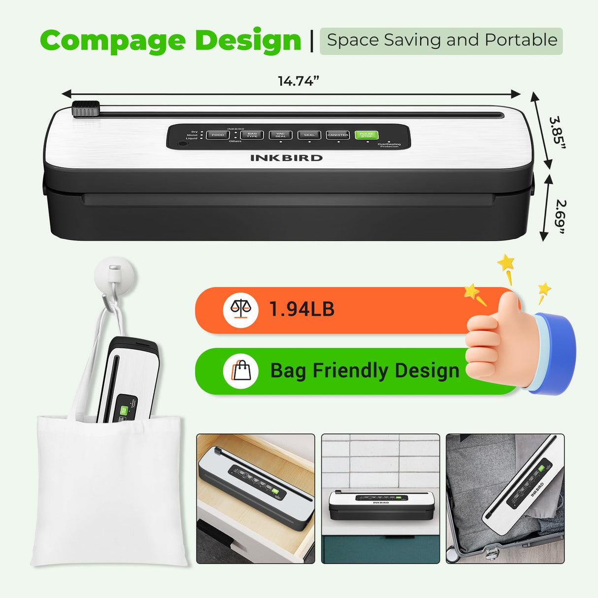 Vacuum Sealer Machine, INKBIRD Powerful 130W High Power with Liquid/Moist/Dry 6-Food Modes, Compact Food Preservation System with Cutter, Full Start Kit with Pre-cut Bags*10 (8''*11.8''), EXT-VAC Inkbird