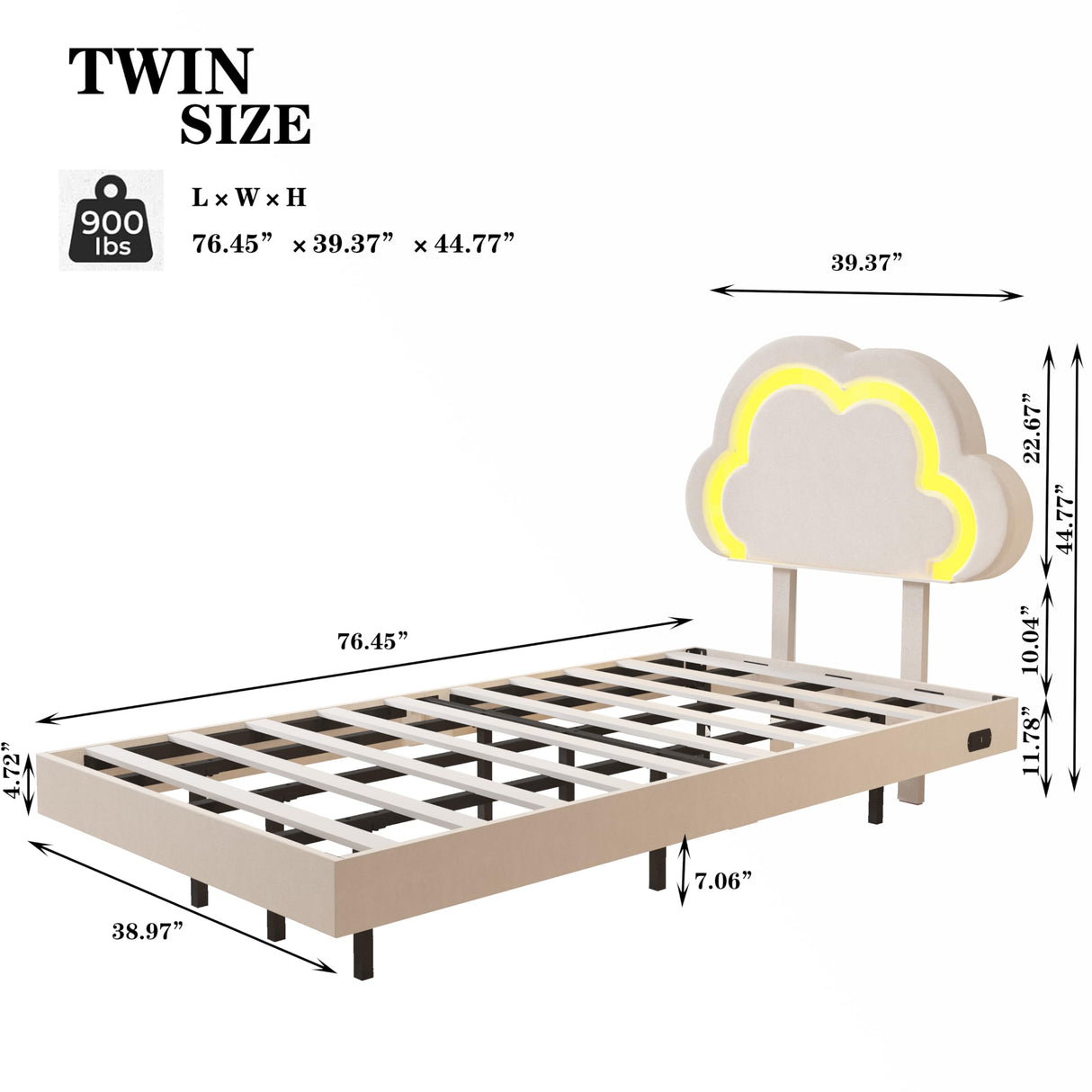 Muluflower Off-White Velvet Twin Floating Bed Frame with LED Lights and Charging Station Muluflower