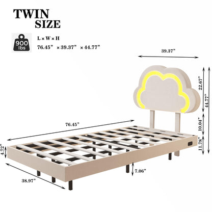 Muluflower Off-White Velvet Twin Floating Bed Frame with LED Lights and Charging Station - WoodArtSupply